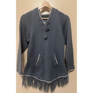 Signature Imports 100% Alpaca Hooded Poncho Sweater Knit Fringe Gray Blue Boho S